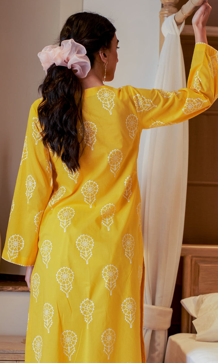 DAISY 2 MUSTARD YELLOW FLORAL PRINTED KURTA WITH PALAZZO - SET OF 2