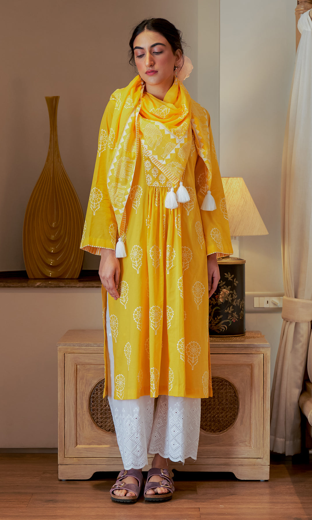 DAISY 2 MUSTARD YELLOW FLORAL PRINTED KURTA WITH PALAZZO - SET OF 2