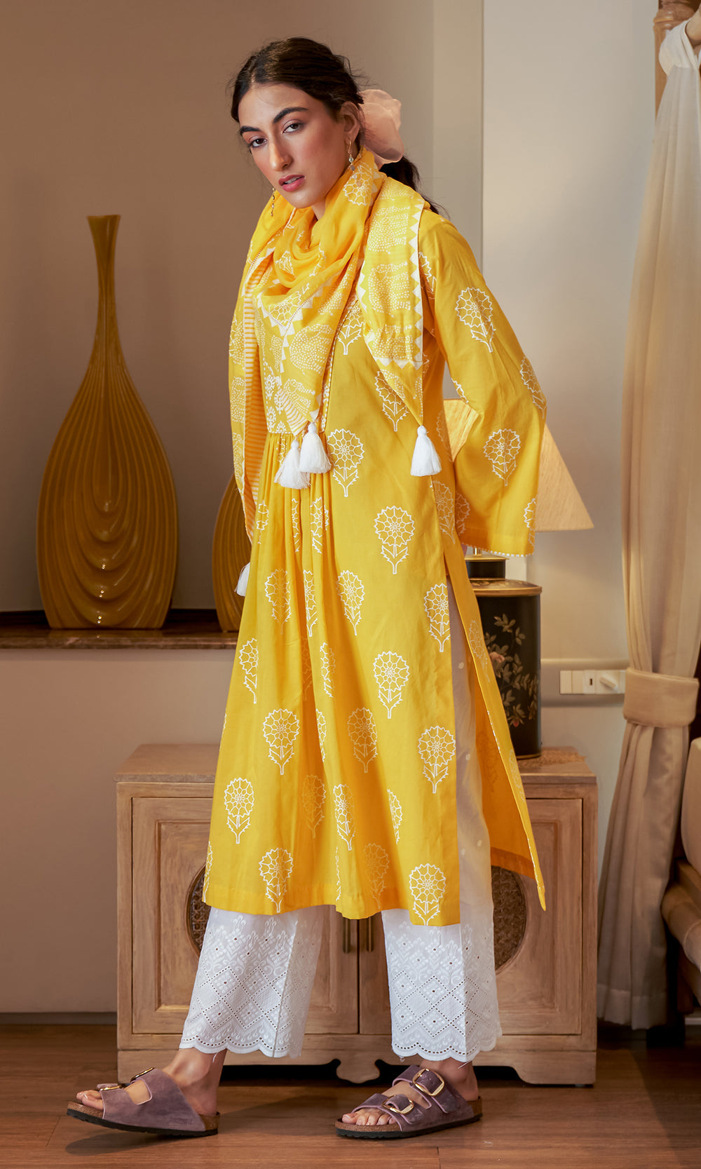 DAISY 2 MUSTARD YELLOW FLORAL PRINTED KURTA WITH PALAZZO - SET OF 2