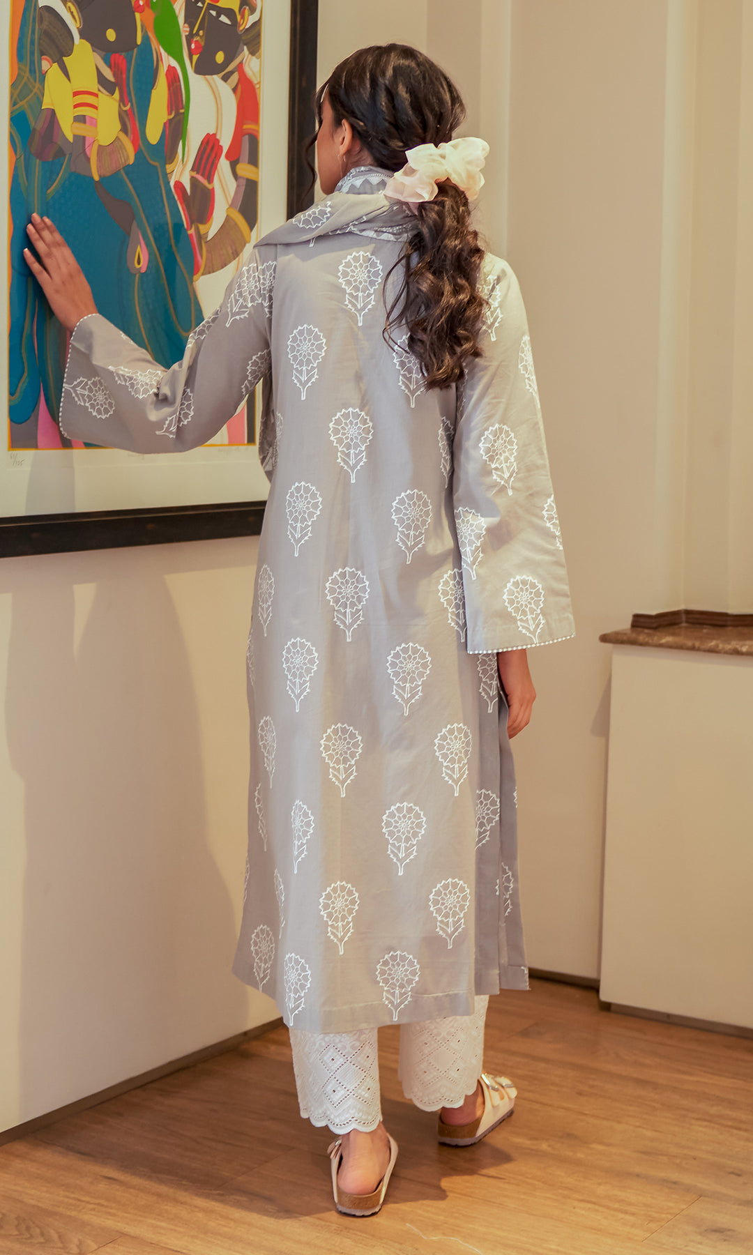 DAISY 2 GREY FLORAL PRINTED KURTA WITH PALAZZO - SET OF 2