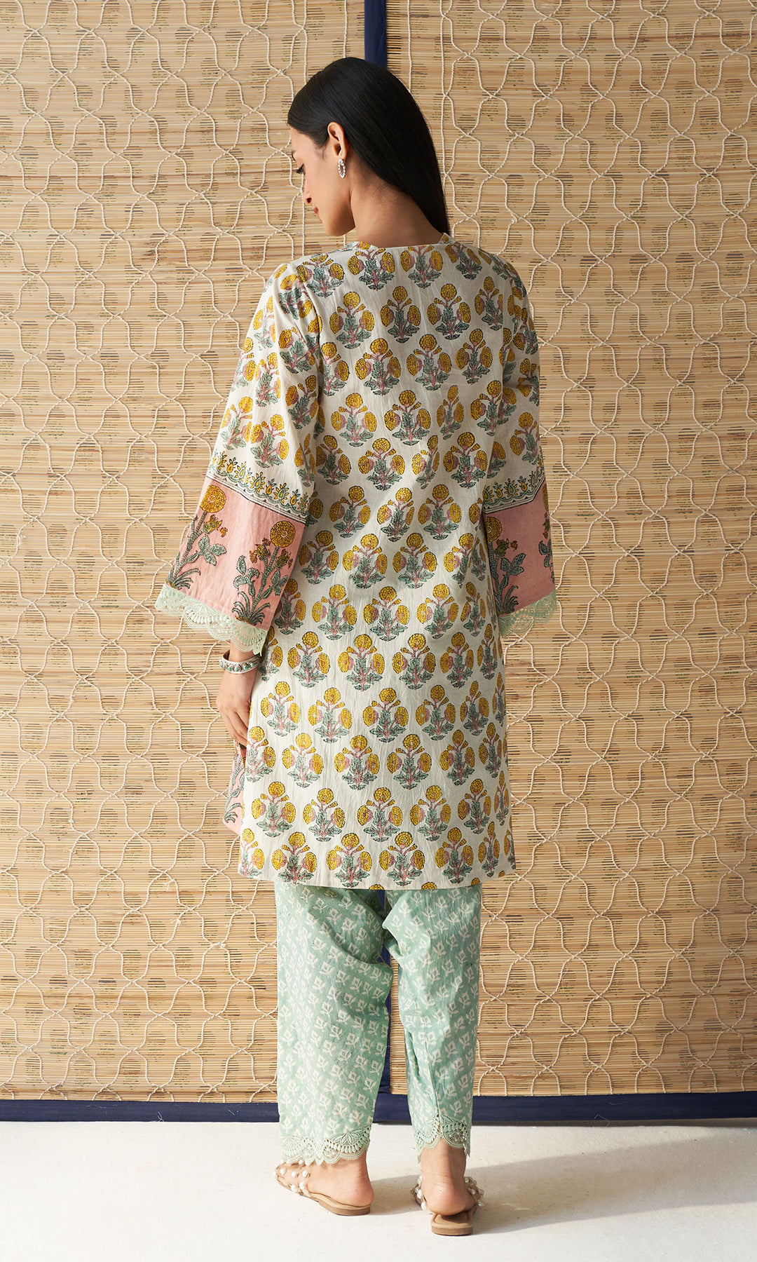 Kapaas off white mughal block printed kurta with mint green salwar (set of 2)