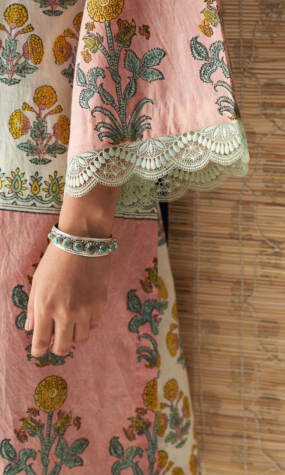 Kapaas off white mughal block printed kurta with mint green salwar (set of 2)