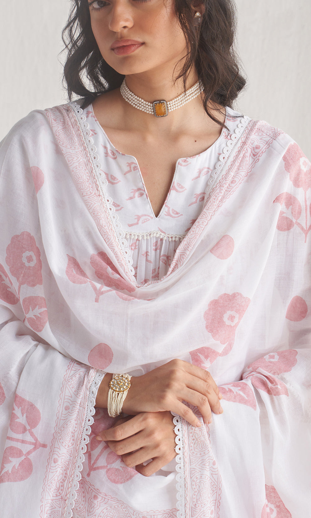 Kapaas dusty pink block printed anarkali with chooridar and solid rani pink dupatta (set of 3)
